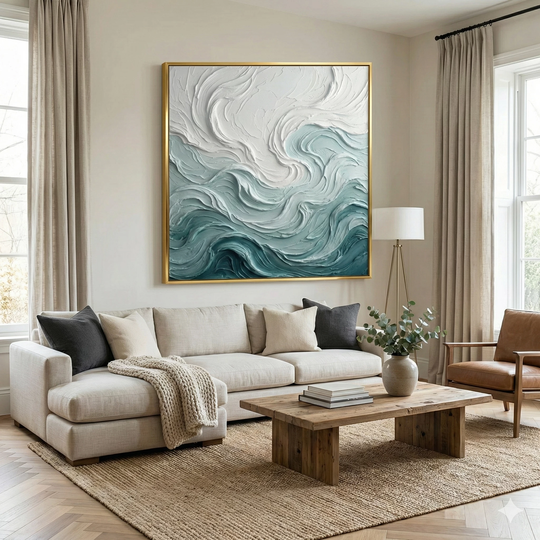 3D Textured Ocean Wave Painting - Minimalist Blue & White Art